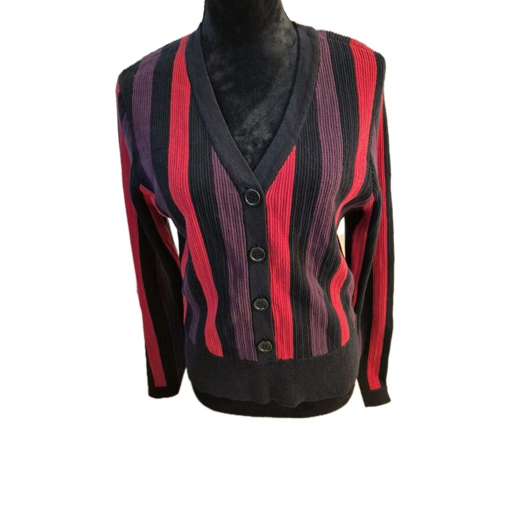 Cabi L Cardigan Sweater Ribbed Stripe Fitted Knit Colorblock Artsy Wearable Art